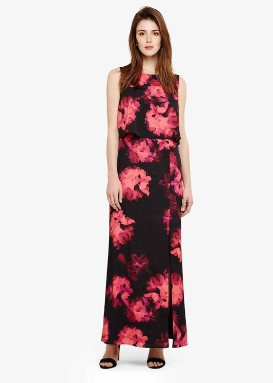Phase Eight Ali Floral Printed Maxi Dress Black/Hot Pink Size UK8 RRP120