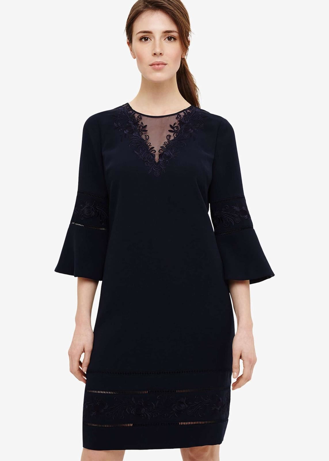 Phase Eight Pandora Embroidered 3/4 Sleeve Shift Dress Navy Size UK10 RRP150