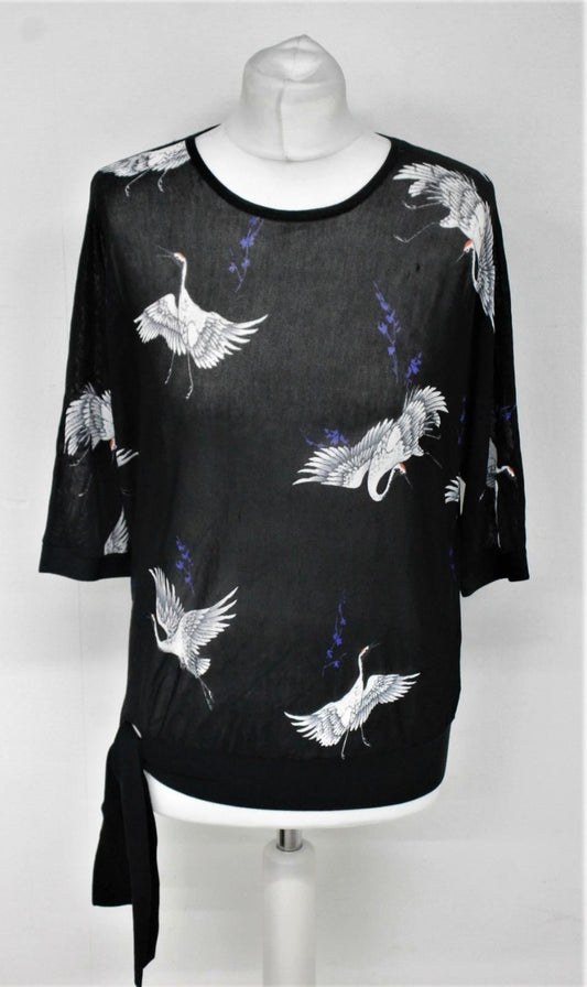 PHASE EIGHT Ladies Black Tie Waist Oda Oriental Bird Blush Top Size XS RRP69 NEW