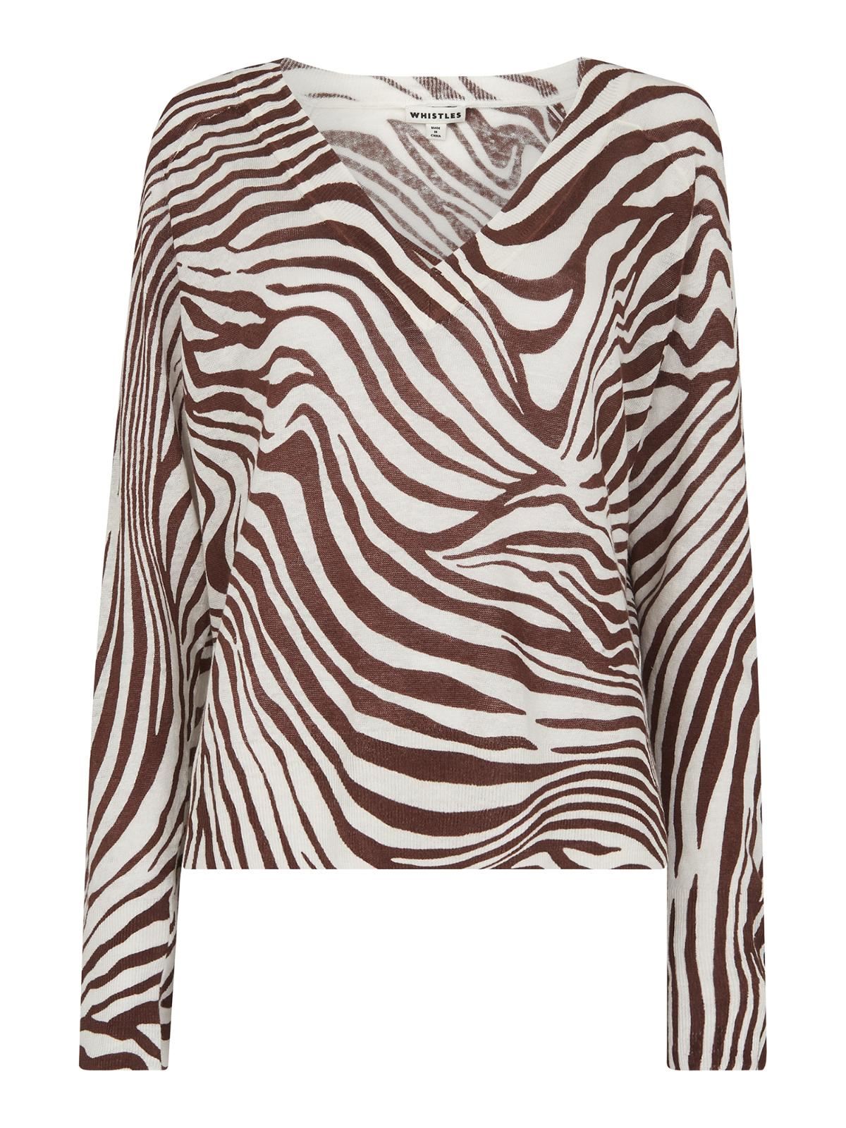 WHISTLES Ladies Brown Multi Graphic Zebra Print Linen Knit Jumper S RRP99 BNWT