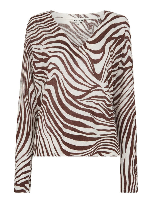 WHISTLES Ladies Brown Multi Graphic Zebra Print Linen Knit Jumper S RRP99 BNWT
