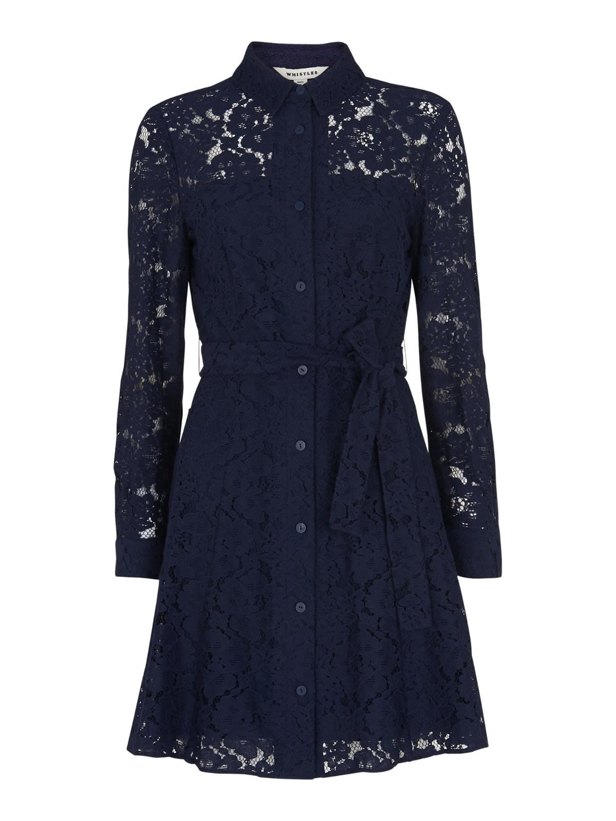 WHISTLES Oliviana Lace Midi Shirt Dress Long Sleeve Navy UK4 RRP159 BNWT