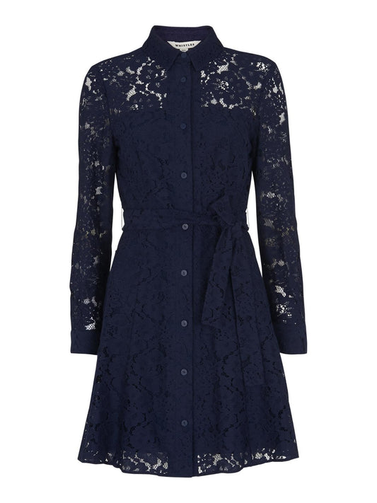 WHISTLES Oliviana Lace Midi Shirt Dress Long Sleeve Navy UK4 RRP159 BNWT