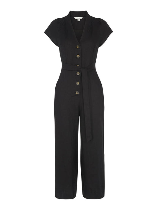 WHISTLES Ladies Sana Linen Button Jumpsuit Short Sleeve Black UK6 BNWT RRP159
