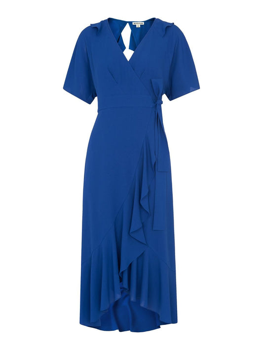 WHISTLES Abigail Frill Wrap Midi Dress Blue Short Sleeve UK4 RRP159 BNWT