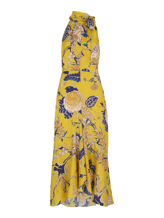 WHISTLES Peria Exotic Floral Dress Yellow Multi Halter Midi UK6 RRP199 BNWT