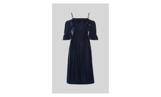 WHISTLES Velvet Fit & Flare Bardot Dress Navy Blue UK8 RRP199 BNWT