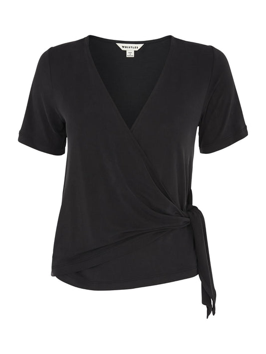 WHISTLES Ladies Black Cupro Wrap Front Short Sleeve Top Size UK6 BNWT RRP69
