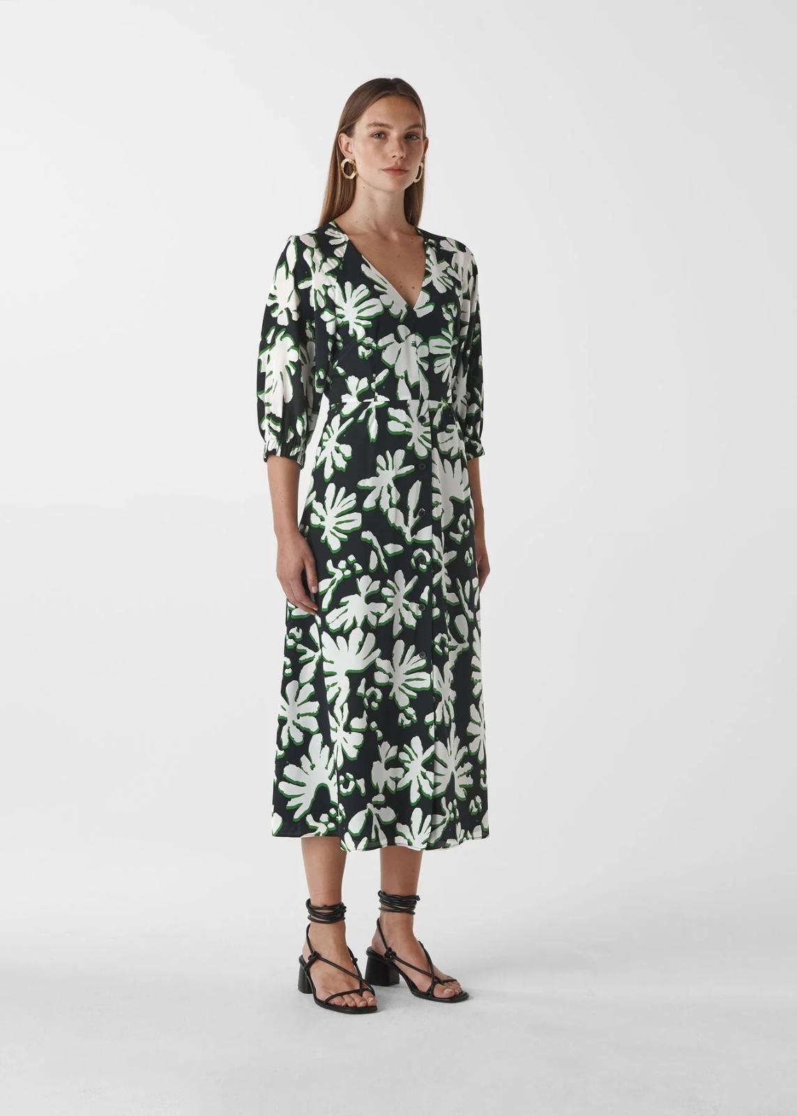 WHISTLES Ladies Green Silk Palm Leaf Print Midi V Length Dress UK8 BNWT RRP299
