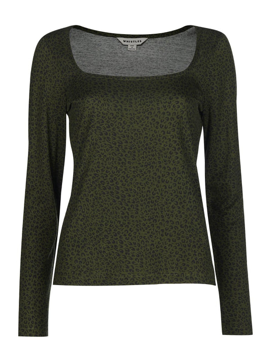 WHISTLES Ladies Khaki Green Mini Leopard Print Square Neck Top UK6 BNWT RRP59