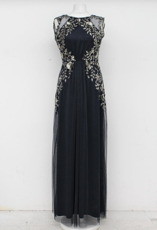 PHASE EIGHT Ladies Navy Blue Silver Embellished Viviana Dress UK8 RRP325 BNWT