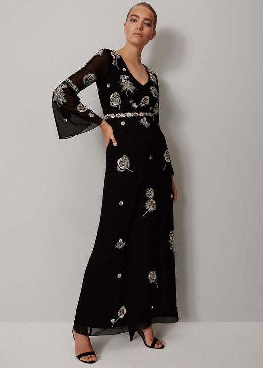 Phase Eight Miller Beaded Flower Maxi Maxi Dress Black Size UK6 RRP375