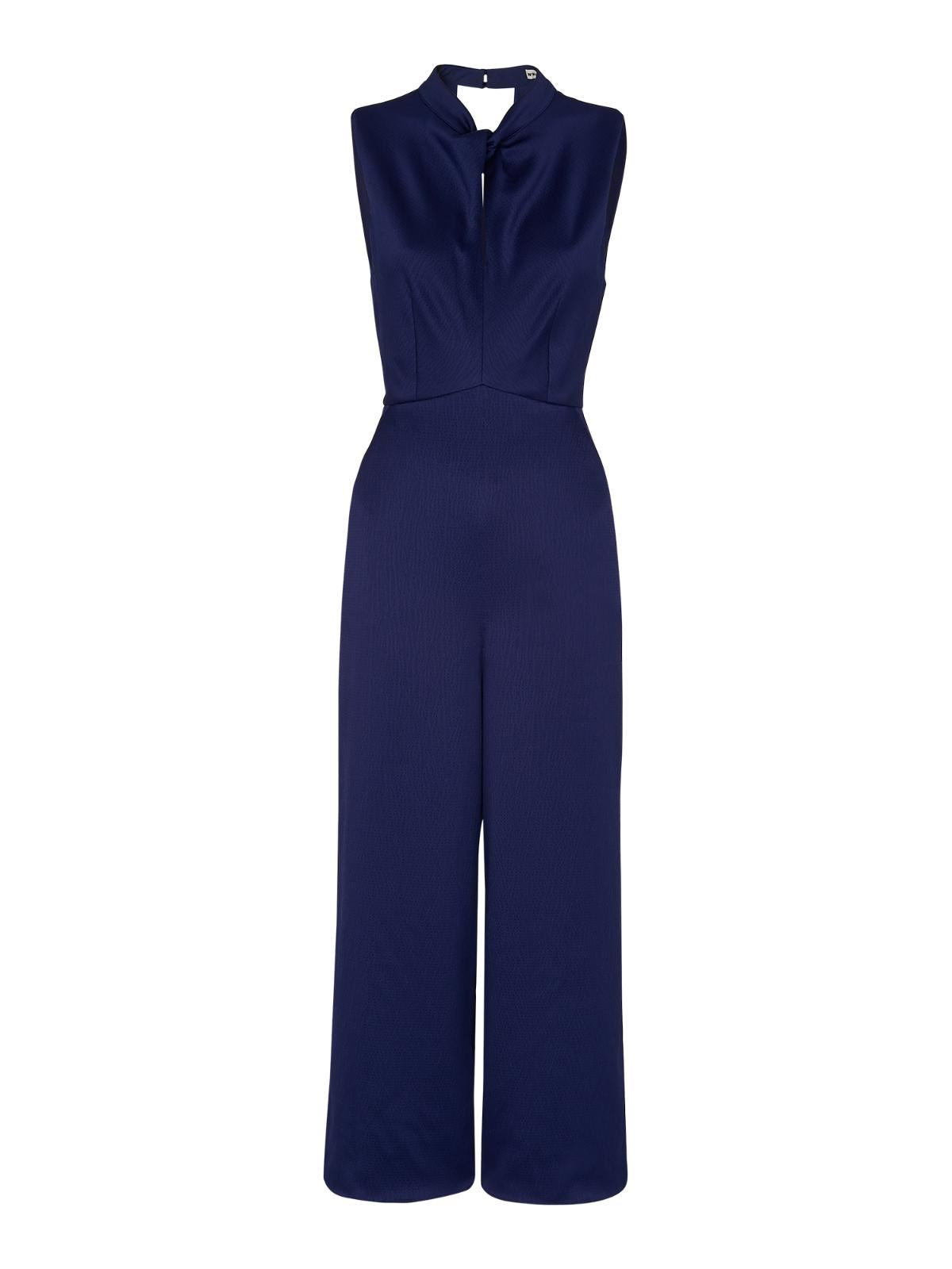 WHISTLES Ladies Navy Blue Keyhole Hammered Satin Twist Jumpsuit UK12 RRP199 NEW