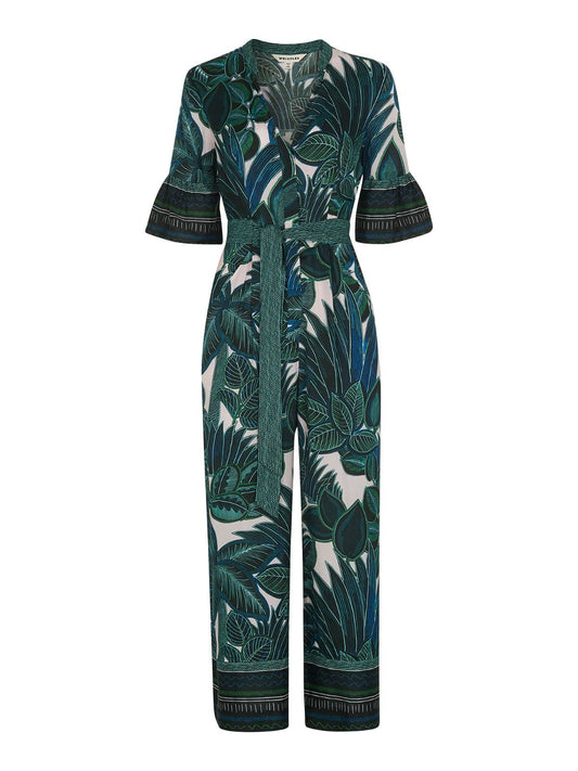 WHISTLES Ladies Blue/Multi Palm Print Tie Front Jumpsuit UK6 RRP179 NEW