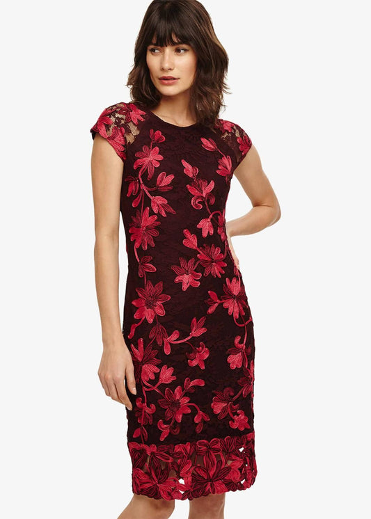 Phase Eight Chrissy Tapework Lace Sheath Dress Claret Size UK8 RRP199