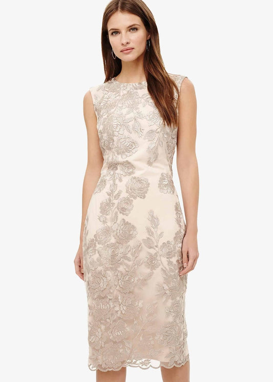 Phase Eight Rhea Lace Floral Sleeveless Pencil Dress Latte Size UK10 RRP225