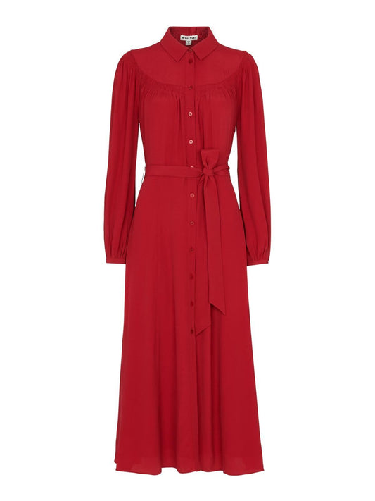 WHISTLES Smocked Yoke Shirt Dress Red Belted Long Sleeve UK6 RRP 159 BNWT