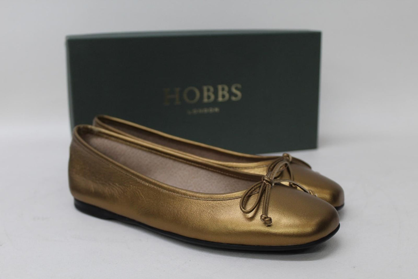 HOBBS Ladies Brass Gold Leather Square Toe Prior Ballerina Flat Shoes UK3 NEW