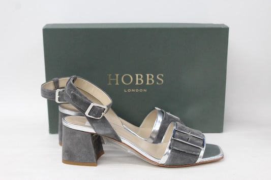 HOBBS Ladies Tara Grey Silver Buckled Block Heel Sandals Shoes UK3 EU36 NEW
