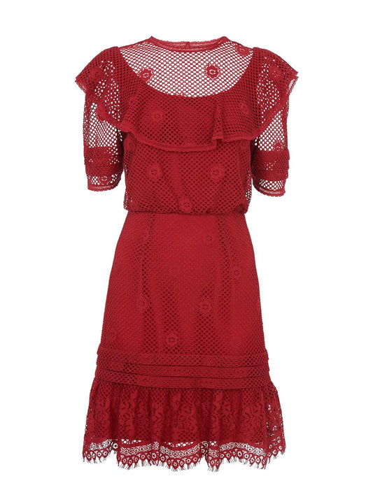 WHISTLES Mariah Lace Ruffle Dress Fit & Flare Red Short Sleeved UK4 RRP219 BNWT