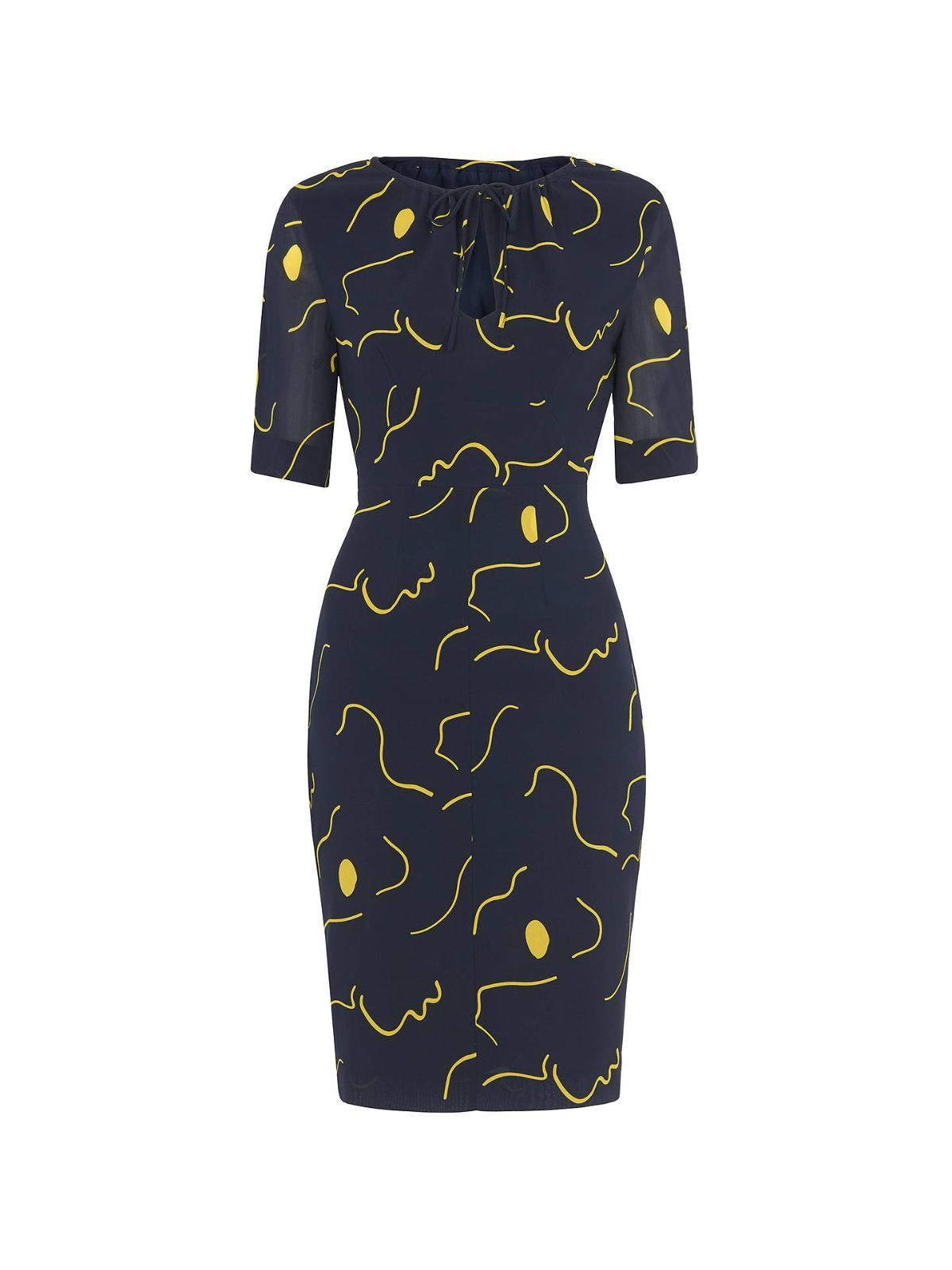 WHISTLES Magnolia Tie Neck Silk Bodycon Dress Navy Multi UK4 RRP169 BNWT