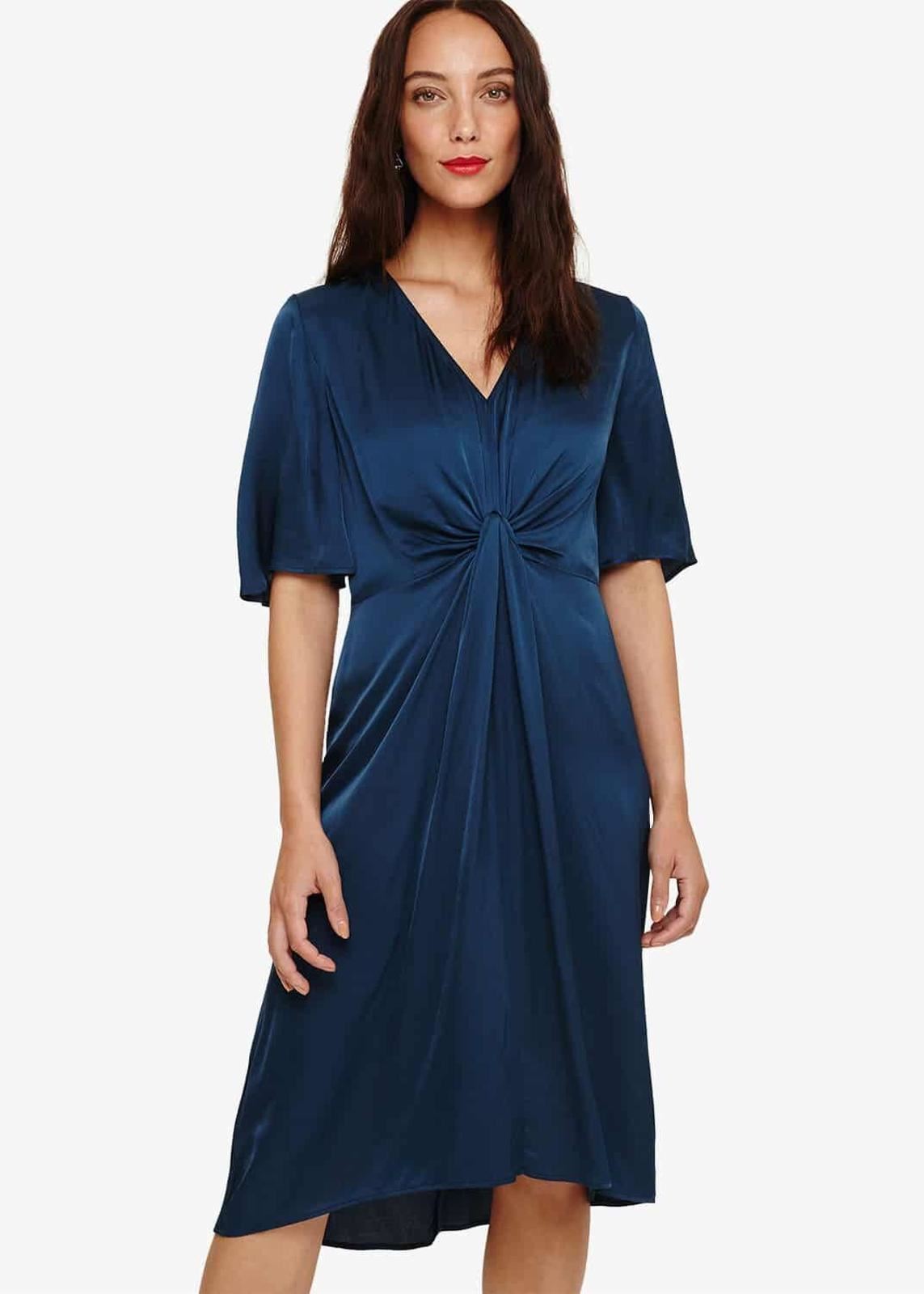 Phase Eight Rosina Fluted Knot Midi Shift Dress Petrol V-Neck Size UK8 RRP89